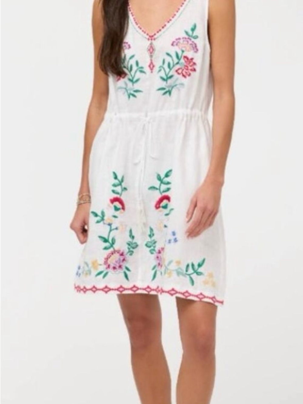Like New! Johnny Was White Linen Drawstring Embroidered V-Neck Dress Size Medium